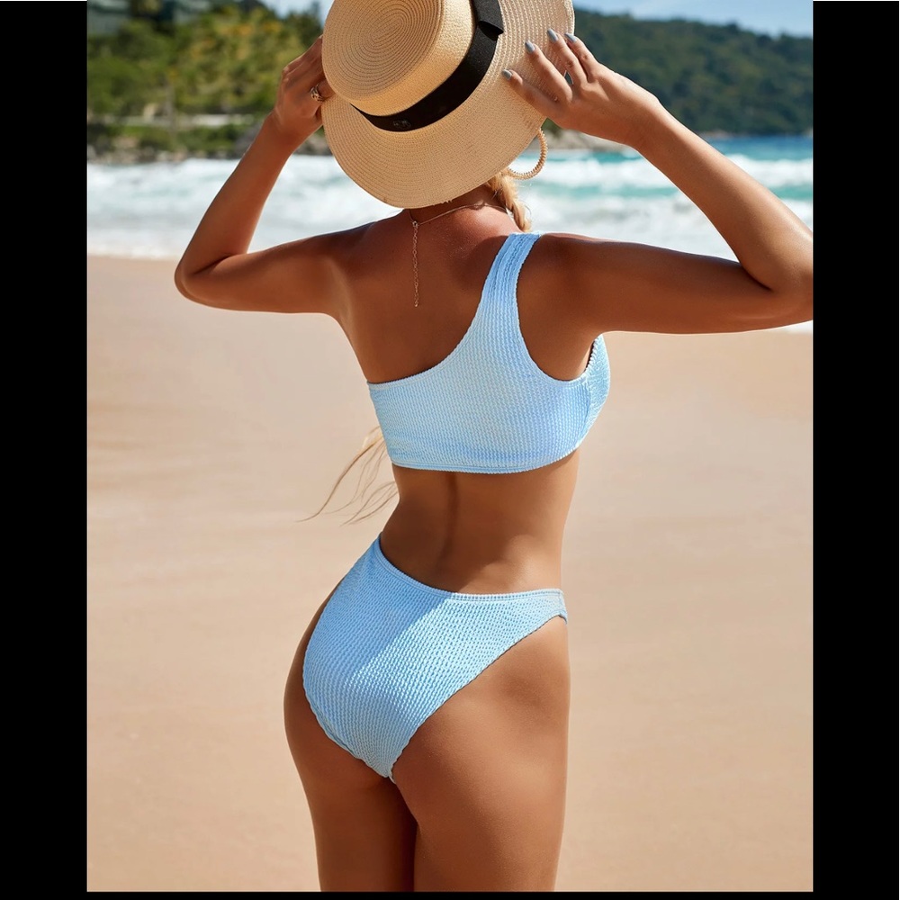 (Last 2)! YT2 style - One shoulder two piece high waist bikini swimsuit in blue. - Picture 3 of 6